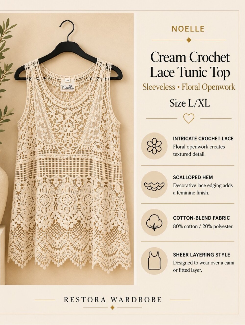 Noelle Cream Crochet Lace Tunic Top Boho Cottagecore L/XL